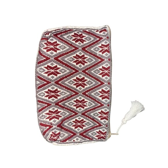 New Red & Gray Diamond Pattern Woven Zip Pouch With Tassel Pull - Picture 2 of 5